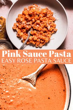 pink sauce pasta in a white bowl with a spoon on the side and another dish next to it