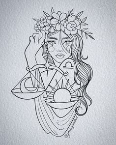 a drawing of a woman with flowers on her head holding a scale and hour hands