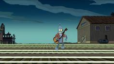 a cartoon character with a guitar standing in the middle of a street next to buildings