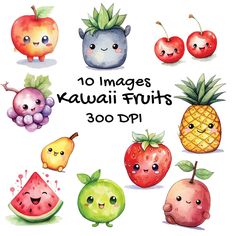 watercolor kawaia fruits clipart set with cute faces and fruit characters for commercial use