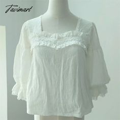 Tavimart Vintage Kawaii Lolita Shirt Square Neck Half Sleeve Retro Feminine Shirts Summer Yellow Green White Lolitas Top 2xl