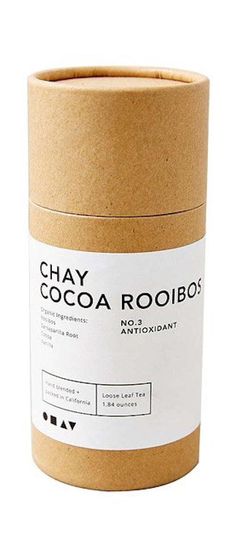 chocolate rooibos in a brown paper container on a white background with the words, choy cocoa rooibos