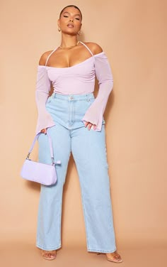 Turn up the heat in your new season wardrobe with this bodysuit. Featuring a lilac material with mesh sleeves and a halterneck design. We are loving this with you blue jeans, clear heels and lilac shoulder bag for brunch with the dolls.   Length approx 71cm/28 (Based on a sample size UK 16)   Model wears size UK 16/ EU 44/ AUS 16/ US 12   Model Height - 5ft 7 Club Outfits Plus Size, Bodysuit Styling, Summer Night Out Outfit, Xmas Clothes, Bodysuit With Jeans, Night Out Outfit Ideas, Accessorizing Outfits, Halter Neck Bodysuit, Sassy Outfit