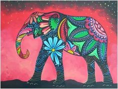 an elephant painted in bright colors on a pink background