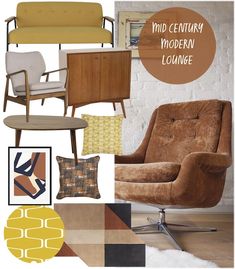 an image of mid century modern lounge with mustard yellow and brown color scheme for the living room