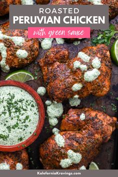 grilled peruvian chicken with green sauce and garnished with cilantro leaves