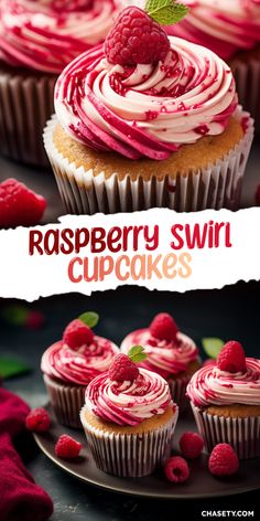 raspberry swirl cupcakes with white frosting and raspberries on top