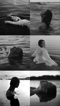 black and white images of people in the water with their faces close to each other