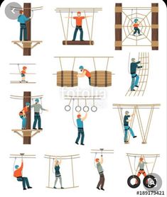 people are working on the ropes in an amusement park, set of flat design illustrations