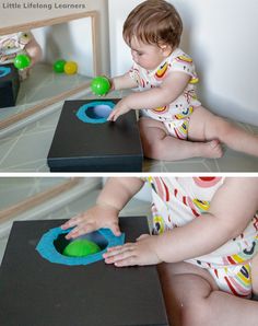 two photos of a toddler playing with toys