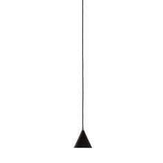 a black and white photo of a light hanging from a ceiling fixture in the shape of a cone