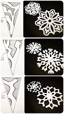 four snowflakes are shown on black and white paper