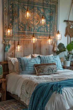 a bed room with a neatly made bed and hanging lights