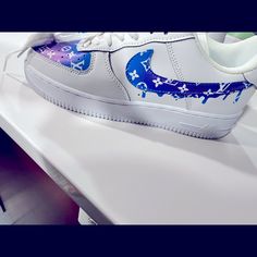 Blue And Purple Drippy Lv Monogrammed; New Without Box; Custom Air Force Ones, Nike Shoes Custom, Shoes Butterfly, Custom Nike Shoes, Shoes Custom, Lv Monogram, Custom Nikes, Air Force Ones, Nike Air Force Sneaker