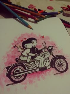 a drawing of a couple riding on a motorcycle with hearts coming out of the back