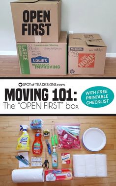 the open first moving 101 box is packed with supplies