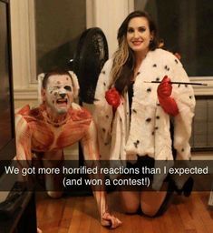 two people dressed up as clowns in front of a tv with caption that reads, we got more horrid reactions than i expected and won contest