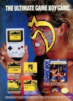 an ad for the nintendo game boy video game system, featuring a wrestler holding a controller