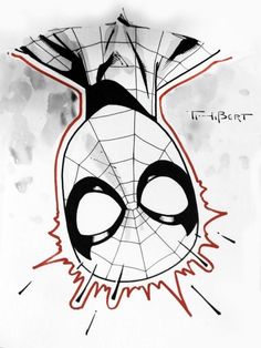 a drawing of a spider - man mask with black and red lines