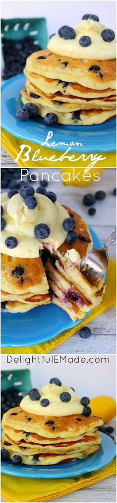 pancakes with blueberries and cream on them are stacked on plates, ready to be eaten