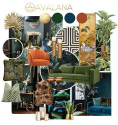 a living room filled with lots of green furniture and decorating items in different colors