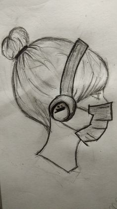 a drawing of a woman's head with earphones on her head, in pencil