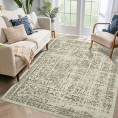 a living room with two couches and a rug on the floor in front of a window