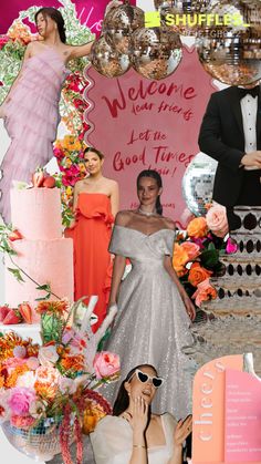 a collage of women in dresses and men in tuxedos posing for the camera