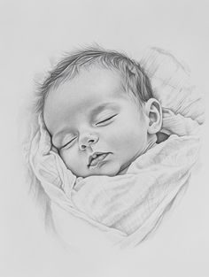 a pencil drawing of a sleeping baby with his eyes closed and head tucked under a blanket