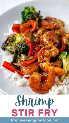 shrimp stir fry with broccoli and red peppers on white rice