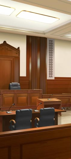 an empty courtroom with chairs and wooden desks