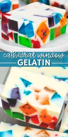 colorful jello cake on a plate with the words cathedral window gelatin