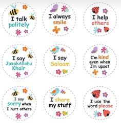 six stickers with different words on them