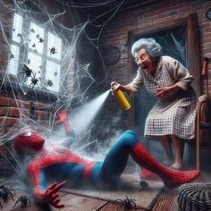 an old woman spraying water on a spider man