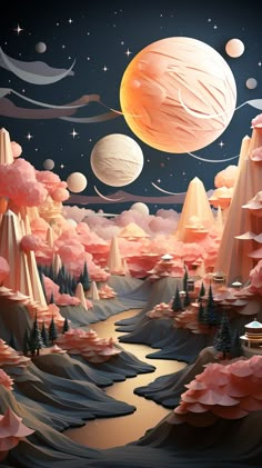 an artistic landscape with mountains and planets in the sky