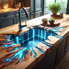 a kitchen sink that is made out of wood and has blue lights in the water