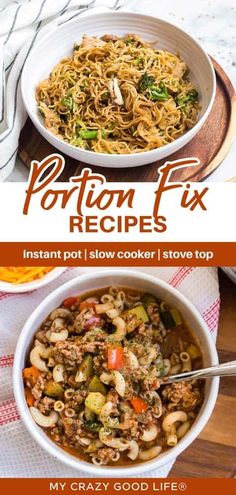 the cover of portion fix recipe book with two bowls filled with pasta, vegetables and meat