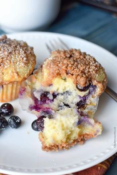 blueberry muffins on a plate with a fork