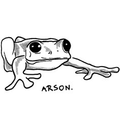 a black and white drawing of a frog with the word arson on it's side