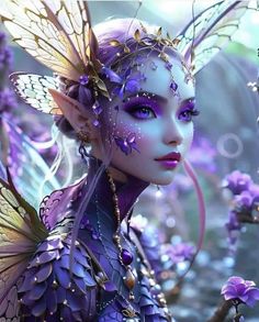 a close up of a woman with purple makeup and butterfly wings on her face, surrounded by flowers