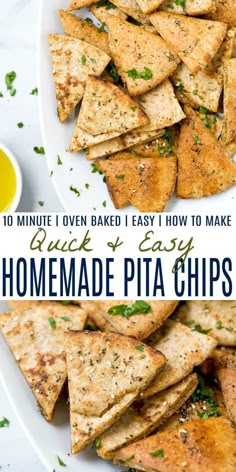 homemade pita chips on a plate with dipping sauce