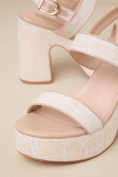 The Lulus Stascia Natural Woven Platform High Heel Sandals will be your favorite reason to get all dressed up this season! These summery, woven fabric sandals feature an almond-shaped toe bed (atop a 1.25"" platform), a wide toe strap, and a matching, adjustable quarter-style strap that secures with a gold buckle. A chunky, block heel completes the perfect design! 4. 25" wrapped block heel. Cushioned insole. Rubber sole has nonskid markings. Man made materials. Imported. Lulus | Stascia Natural Fabric Sandals, Casual Formal Dresses, Tan Shoes, Lulu Fashion, Almond Shaped, Sandal Heels, Casual Wedding Dress, Platform High Heels, Heel Sandal