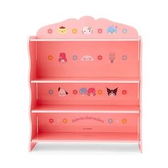 the children's bookcase is pink with cartoon animals on it and flowers in front