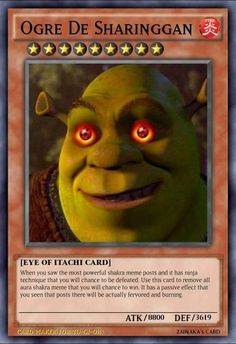 the card for ogre de sharingan is shown with red eyes and stars on it