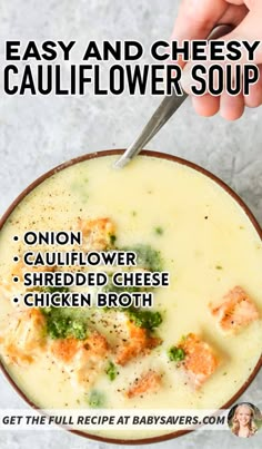 a bowl of soup with broccoli and cheesy cauliflower soup