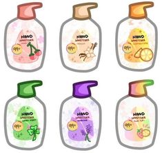 six bottles with different types of hand sanitizers on them, each containing different ingredients