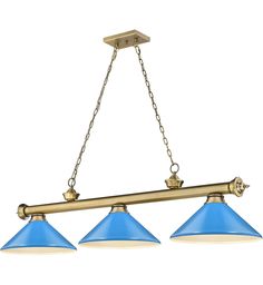 three light brass and blue glass billiard style chandelier with chain hanging from the ceiling