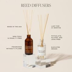 two bottles with reed diffusers and labels describing the different types of reed diffusers