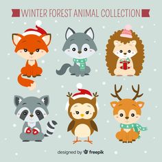 four cute animals wearing christmas hats and scarves with snowflakes in the background