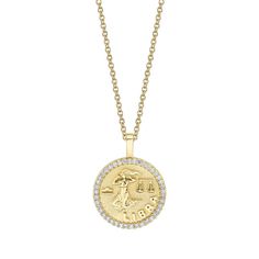 18k gold ARIES zodiac coin pendant with diamond frame.  .48cts diamonds  20 inch chain with loops at 18 and 16 inch.  *Custom engraving available please email info@anitako for more information.  #AKZC-ARI Libra Zodiac